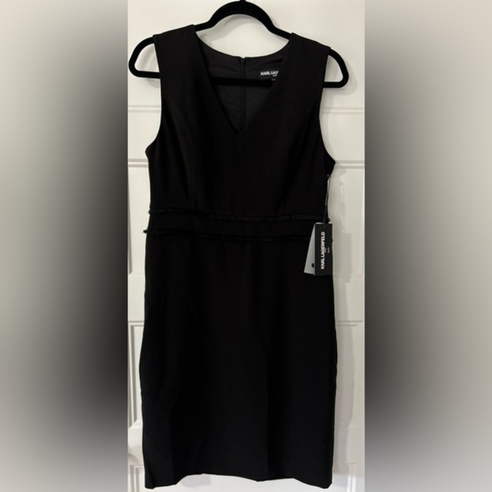 Karl Lagerfeld Paris Black V Neck Sheath Dress 8 Fringe Trim NWT LBD Minimal